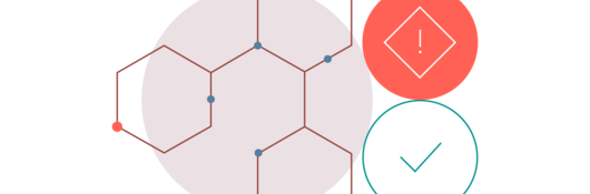 Illustration of a chemical structure next to a warning symbol and a checkmark